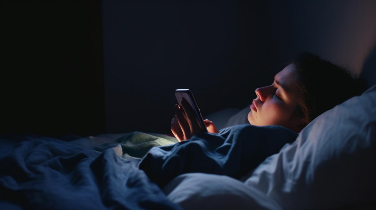 žena si prohlíží internet na mobilu před spaním v posteli